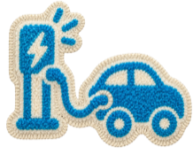 Flying Blue Doxie patch of an electric car at a charging station